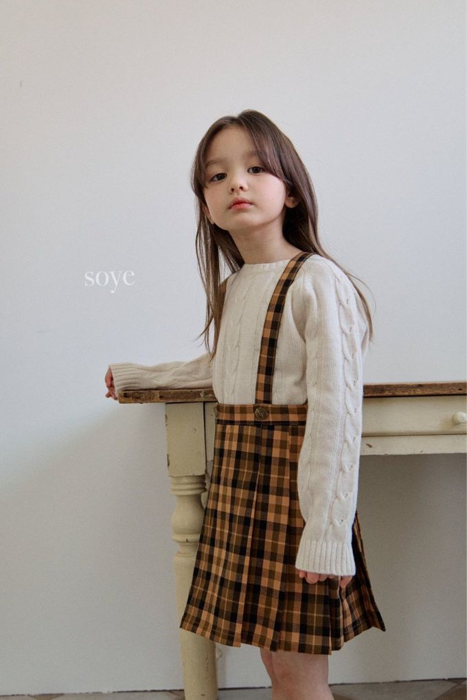 韓國 soye - 學院風格紋吊帶百褶裙-橘