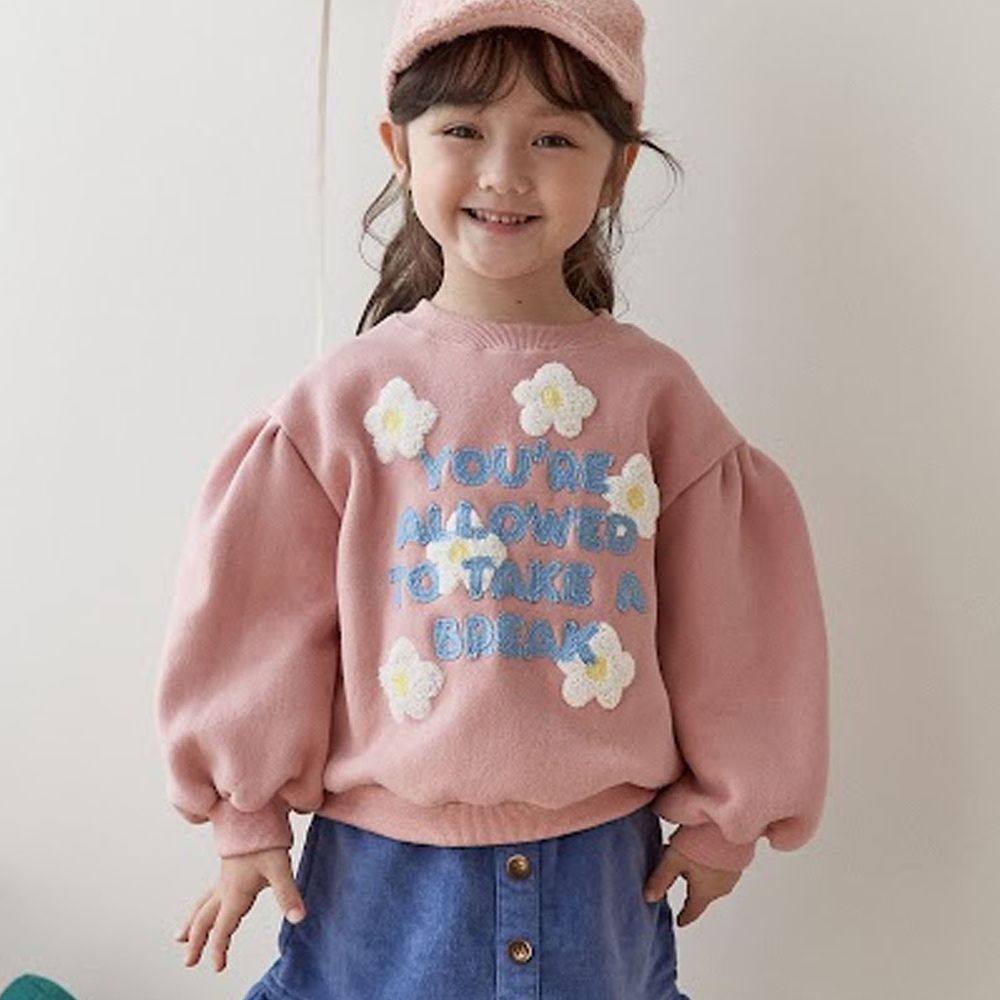 韓國 ERU - 針織花朵泡泡袖Ｔ-粉紅