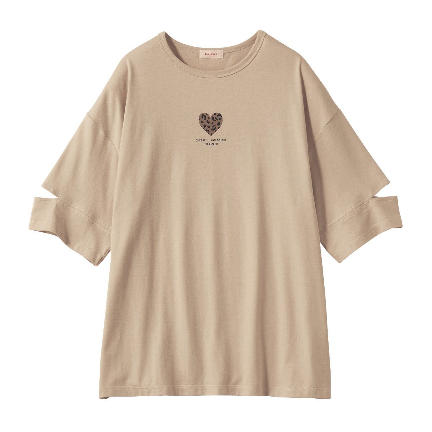 日本 Papel lapiz - 袖子開叉愛心印花寬鬆短袖上衣-米白