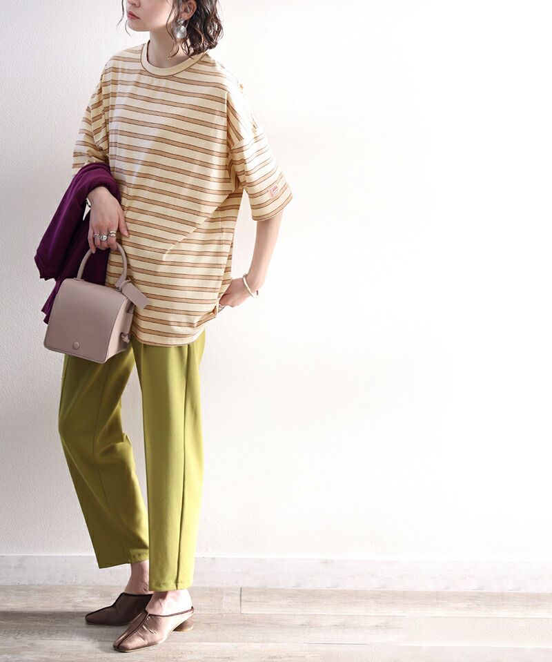 日本 Classical Elf - 圓領橫條紋落肩短袖上衣-淺卡其