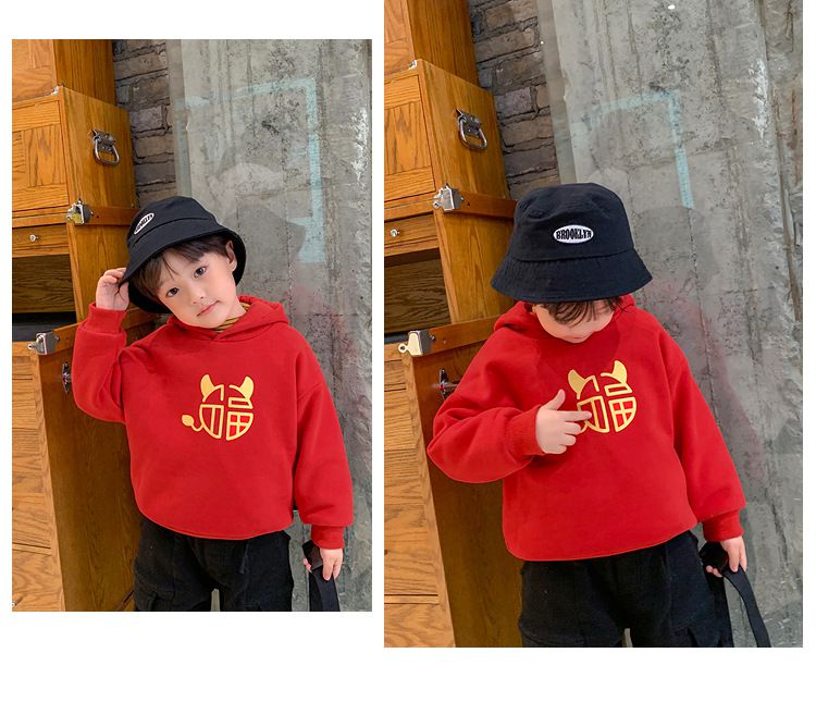 加絨喜氣洋洋連帽大學T-小惡魔福字