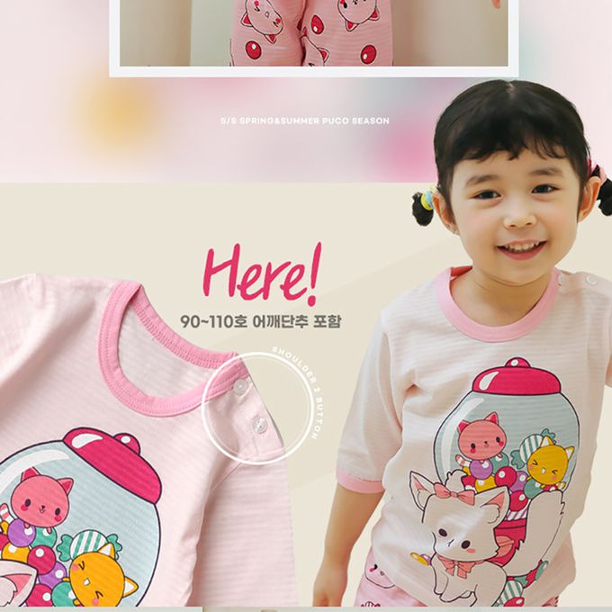 正韓 Puco - 超優質嬰幼兒/兒童七分袖100% 有機純棉家居服/睡衣-泡泡糖貓