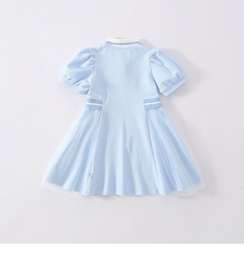 卡通SNOOPY翻領收腰網紗短袖連身裙-Belle愛心-藍色