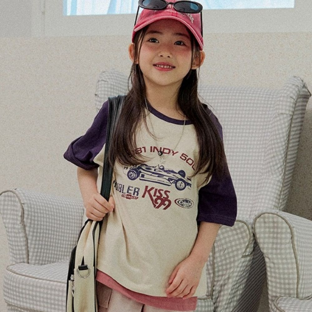 W.S.B. 純棉拼色短袖上衣-復古賽車圖案-米膚X海軍藍