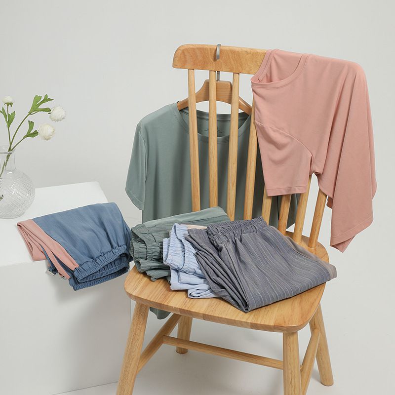 莫代爾圓領短袖家居服套裝-粉+藍