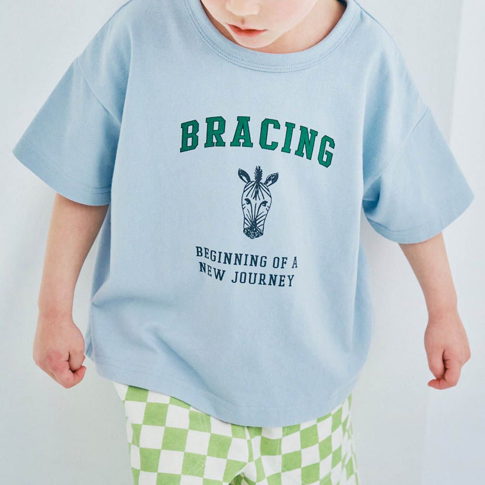 純棉落肩北歐風印花短袖上衣-斑馬-水藍