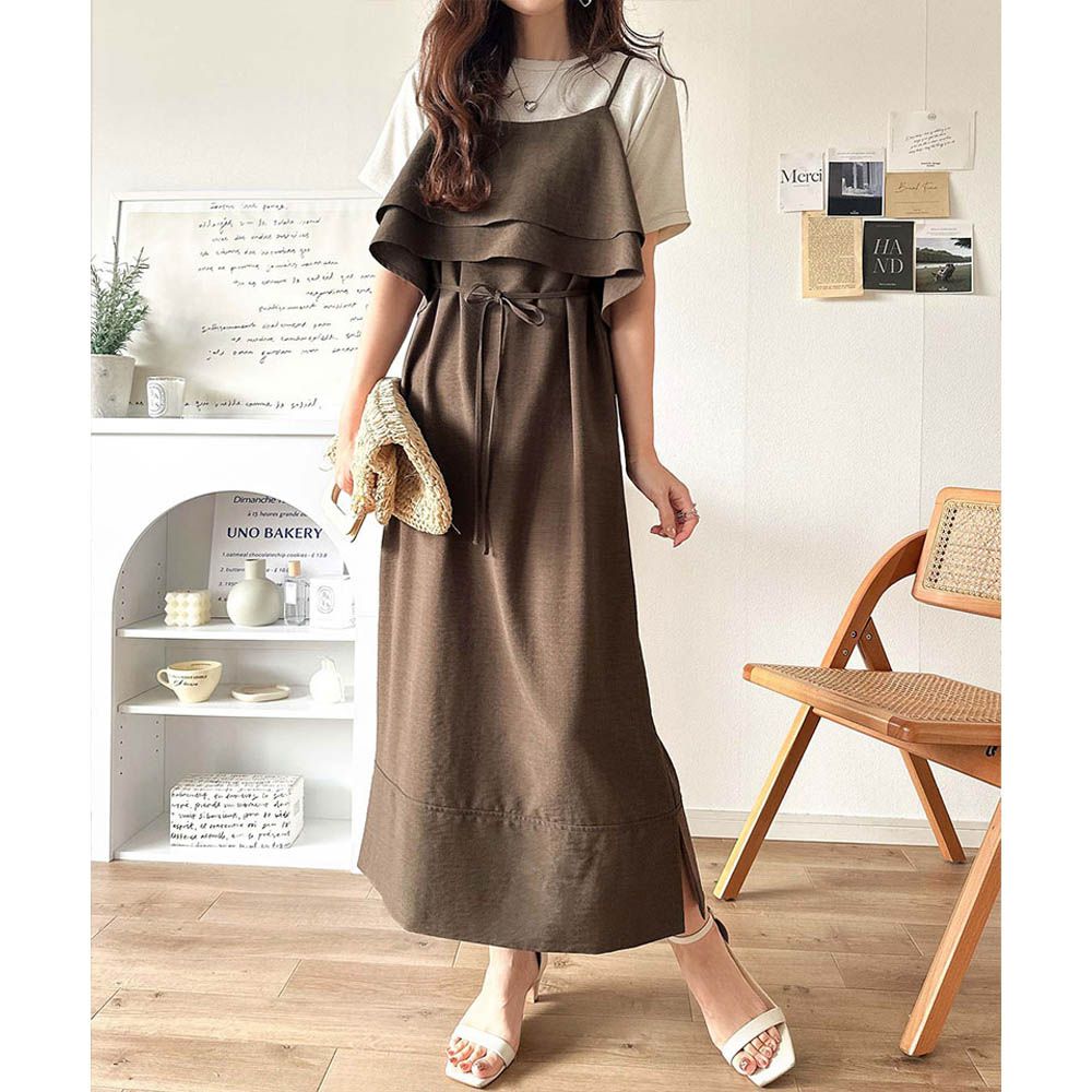 雙層荷葉可愛感細肩帶洋裝-咖啡