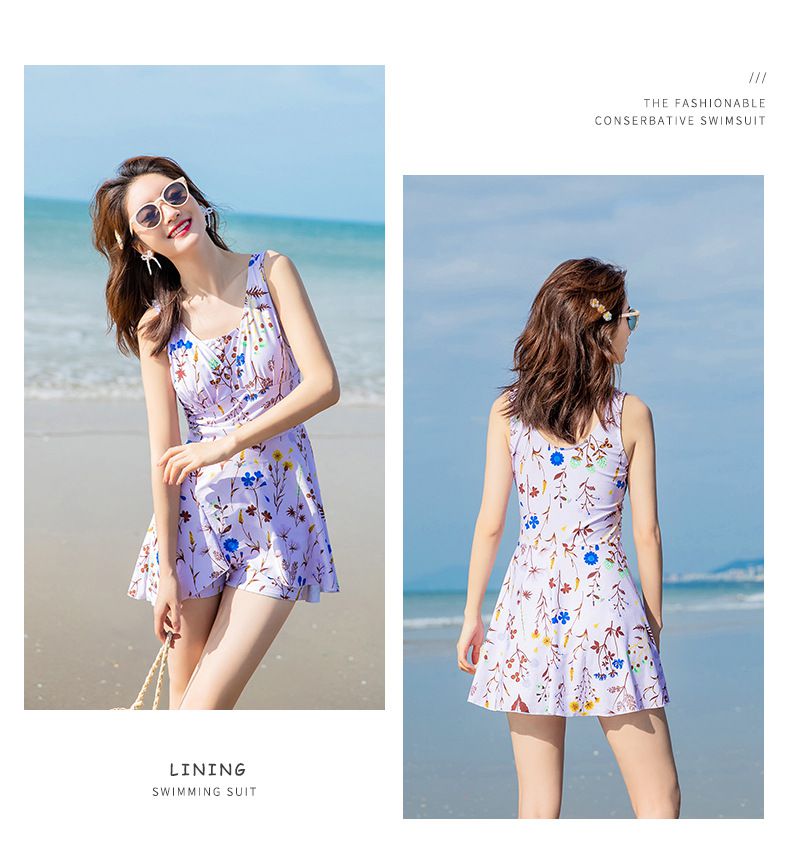 碎花遮肚修身顯瘦無袖連身泳衣-白色