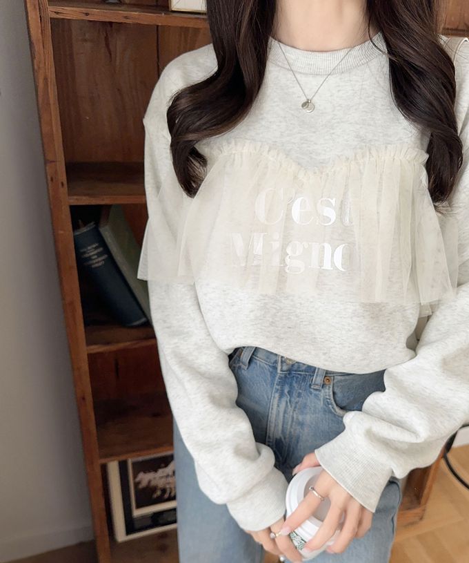 日本 Classical Elf - 胸前薄紗裏起毛休閒T恤-淺灰