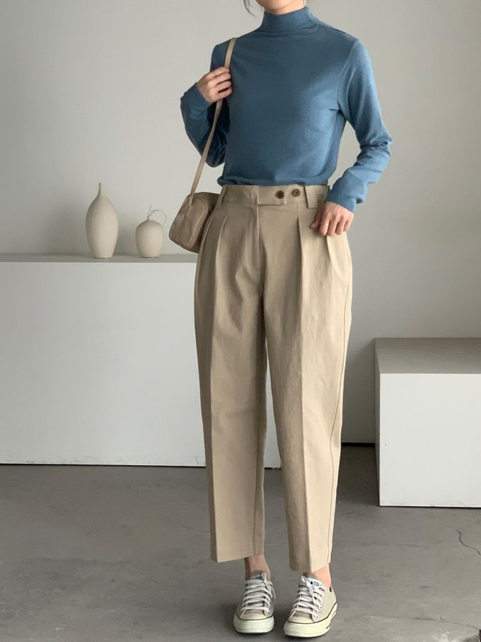 韓國女裝連線 - 百搭中領混羊毛長袖上衣-霧藍 (FREE)