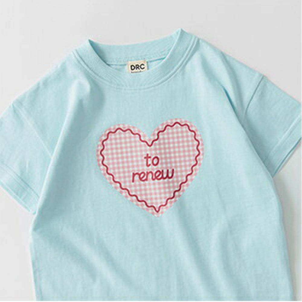 天竺棉甜美印花短袖上衣-粉紅愛心-水藍