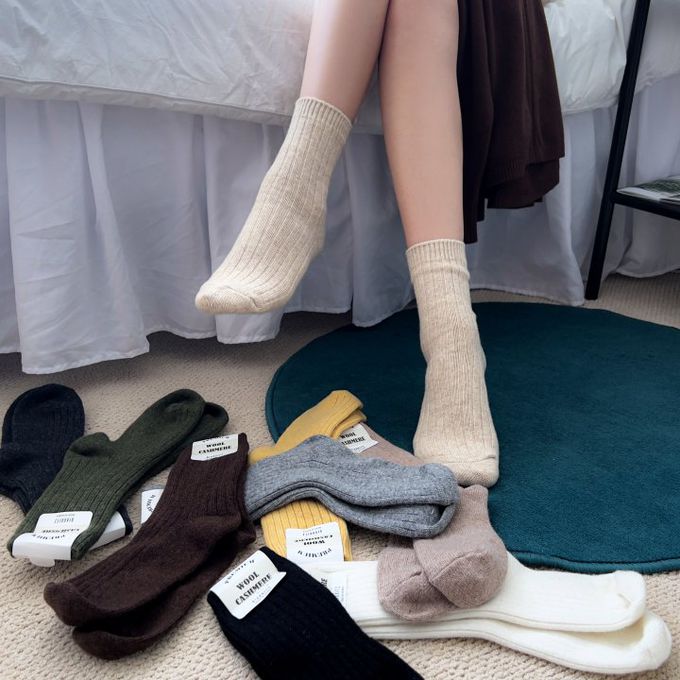 韓國Marian - 直紋素色羊毛保暖襪-粉色 (Free)