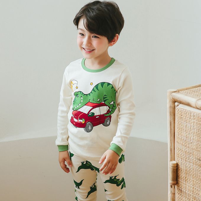 正韓 Puco - 超優質嬰幼兒/兒童長袖100% 有機純棉家居服/睡衣-恐龍與車
