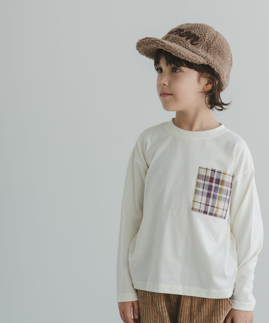 日本 PAIRMANON - 拼接口袋圓領薄長袖上衣-格紋-藍灰