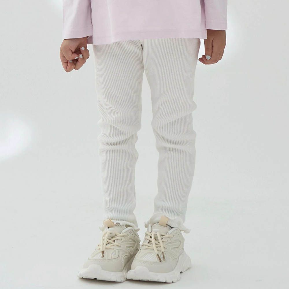 彈力荷葉腰圍羅紋合身長褲-象牙白