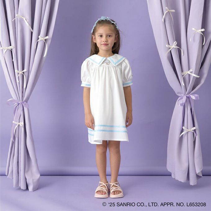 日本 Lycee mine - 俏麗水手條紋短袖洋裝-卡通人物大耳狗-米白