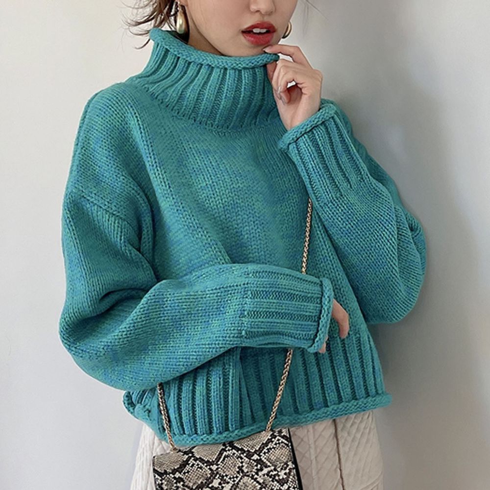日本 GRL - 寬鬆粗坑羅紋立領針織毛衣-天藍