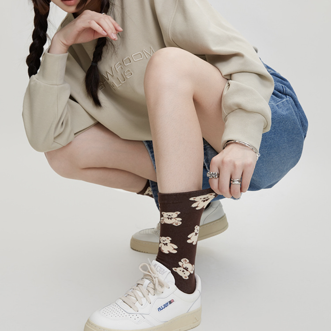 love, charlotte - 拿鐵小熊格子中筒棉襪 (XXL (22~24cm))-3 雙一組