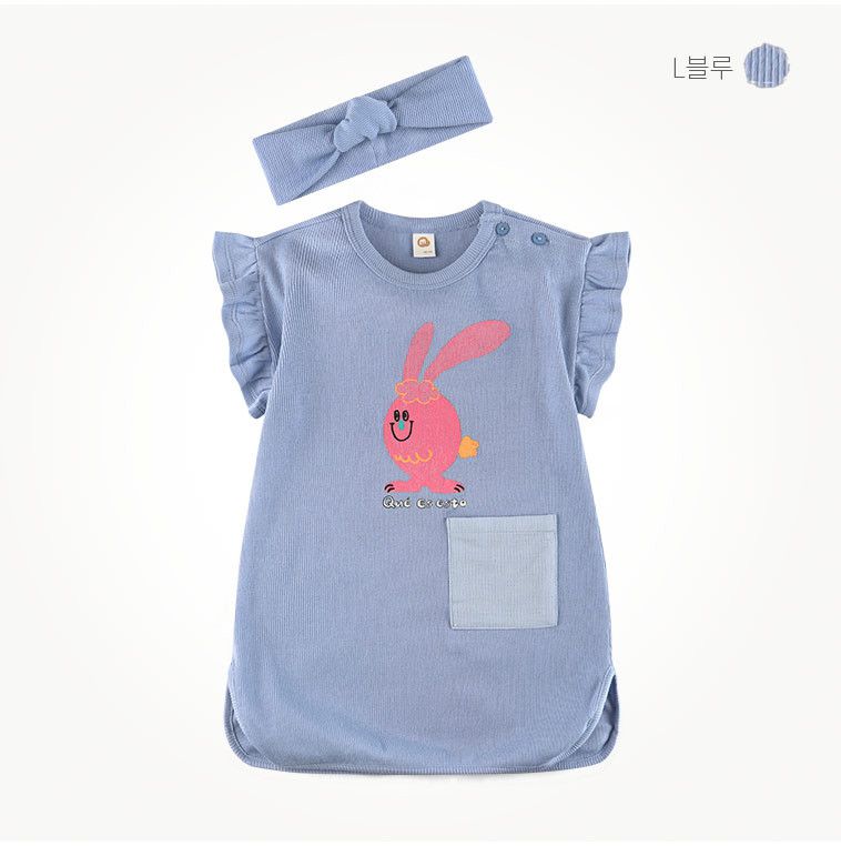 韓國 milk mile - (附髮帶)兔子印花口袋洋裝-米