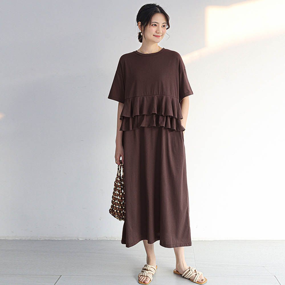 前後2way荷葉邊百搭長洋裝-咖啡色