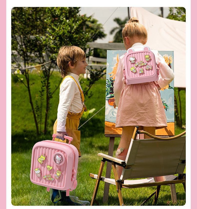 卡通DIY可拆式兒童後背包/小方包(有拉桿)-卡通人物-HELLO KITTY-粉色 (29.2x17.8x28.5cm)-適合3-8歲