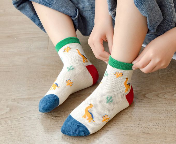 恐龍條紋網眼短筒棉襪