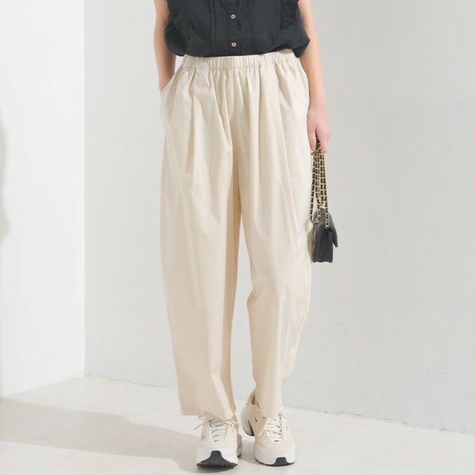 日本 OMNES - 100%棉 皺褶感休閒寬褲-芥黃