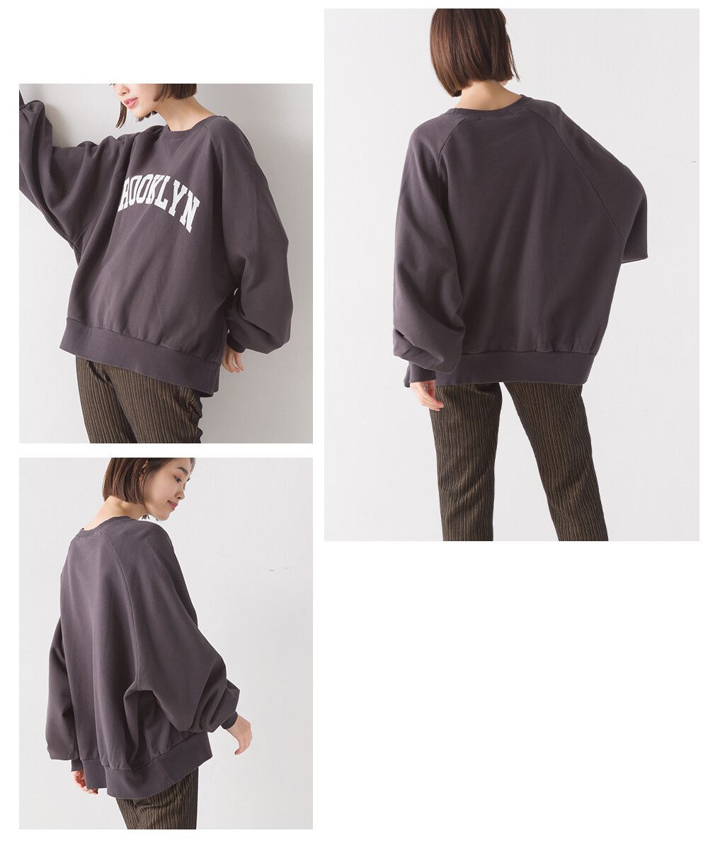 日本 OMNES - 100棉 圓領寬鬆長袖大學T-英文LOGO-淺米杏