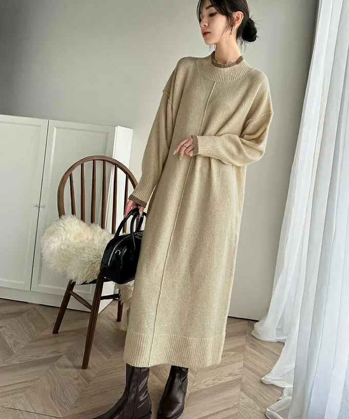 日本 Classical Elf - 溫暖滾邊小立領優雅針織長袖洋裝-黑