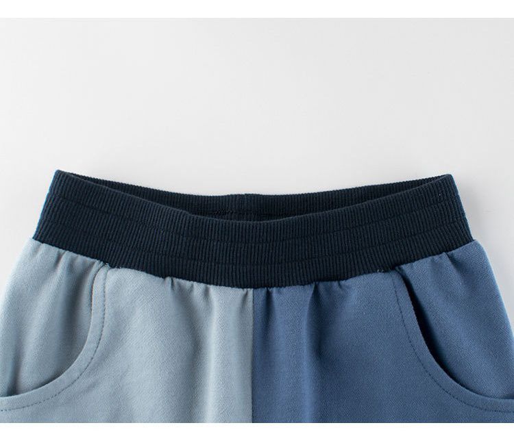 純棉腰鬆緊休閒五分褲-拼色款-淺藍+海軍藍