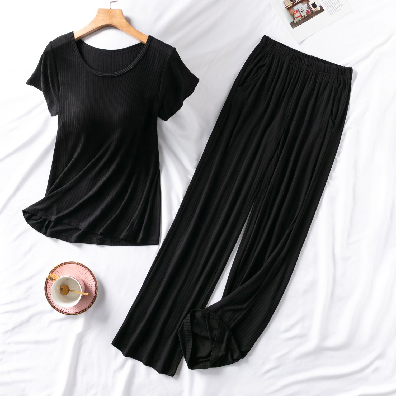 螺紋莫代爾Bra T 短袖家居服套裝-長褲款-粉色