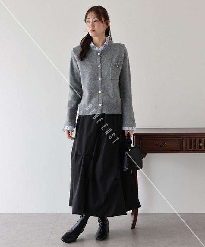 日本 BLUE EAST - 甜心假二件荷葉領金扣開襟衫-深咖啡 (M)