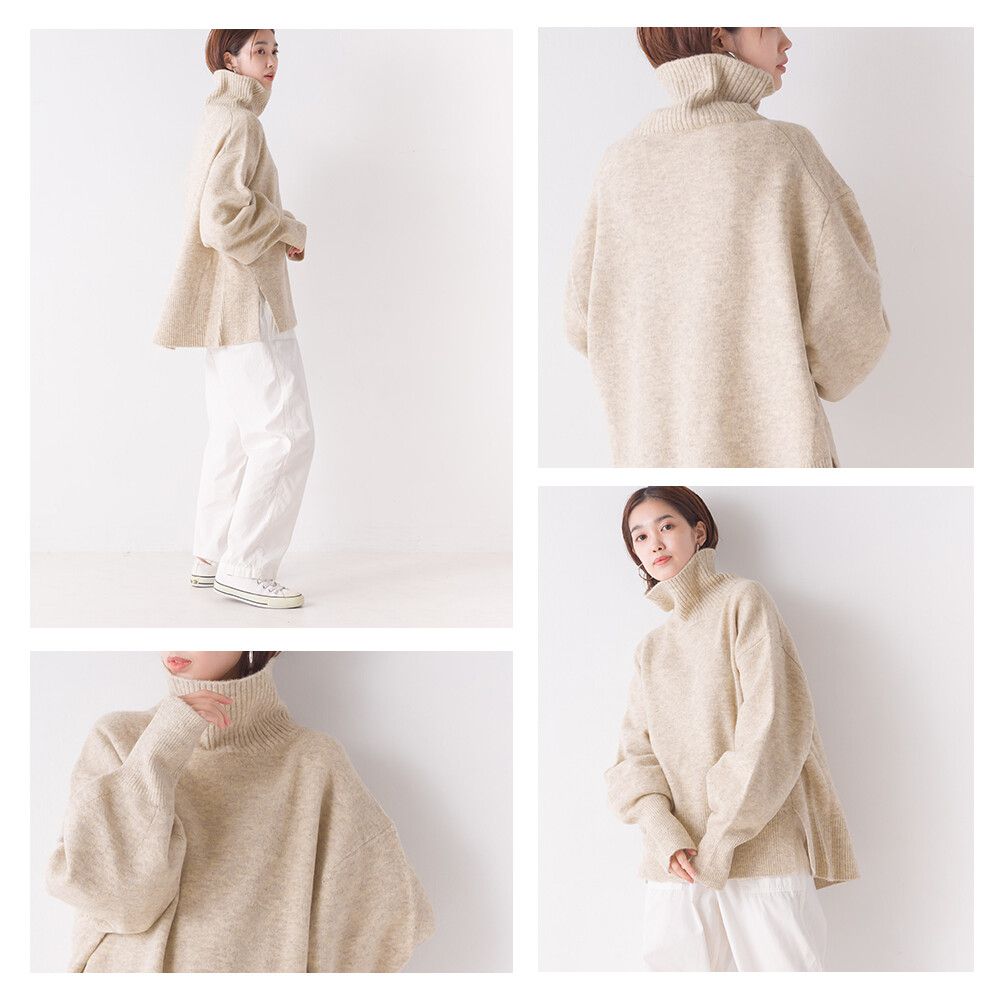 日本 OMNES - 羊毛混高領寬鬆氣球袖毛衣-時尚黑