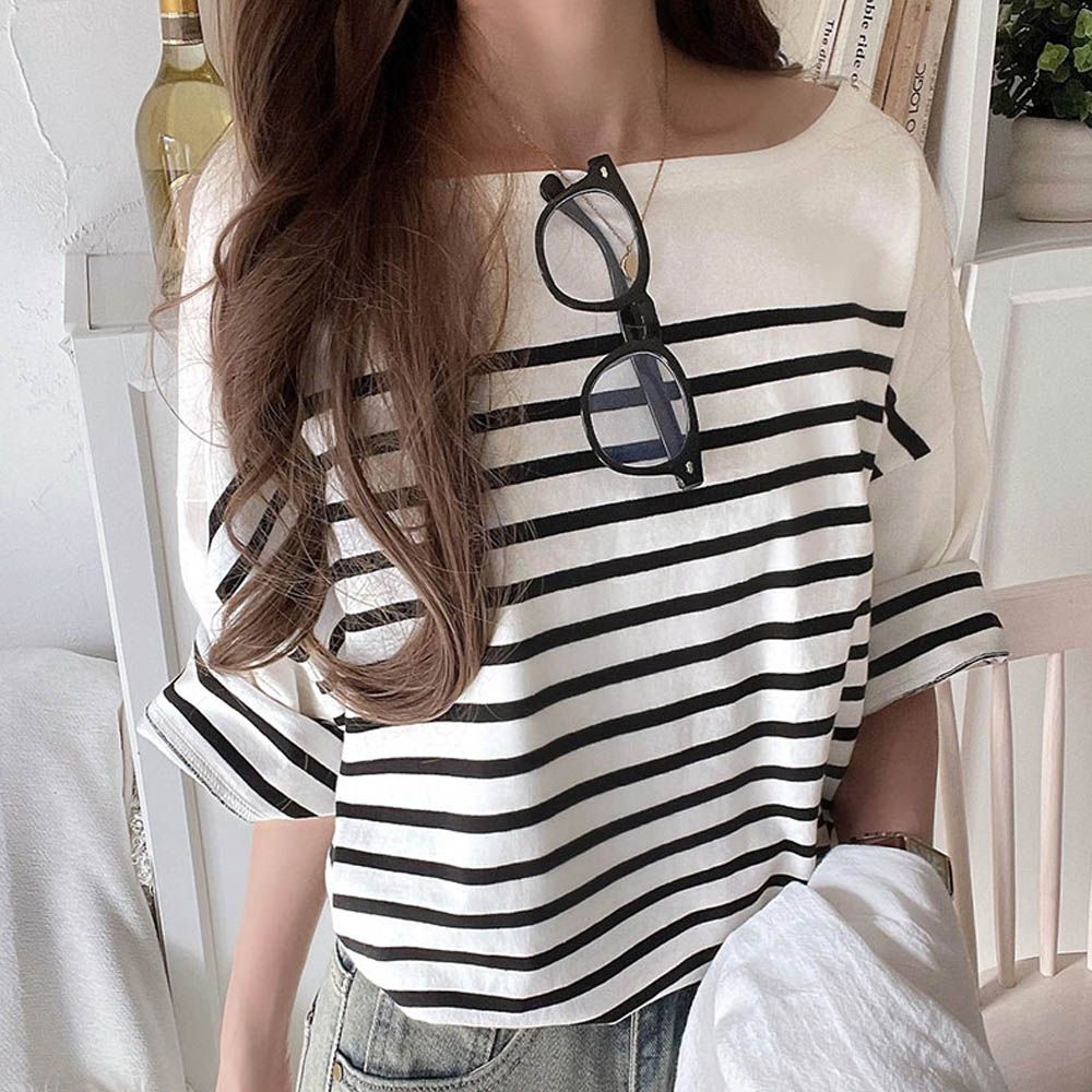 混有機棉休閒條紋五分袖上衣-白x黑