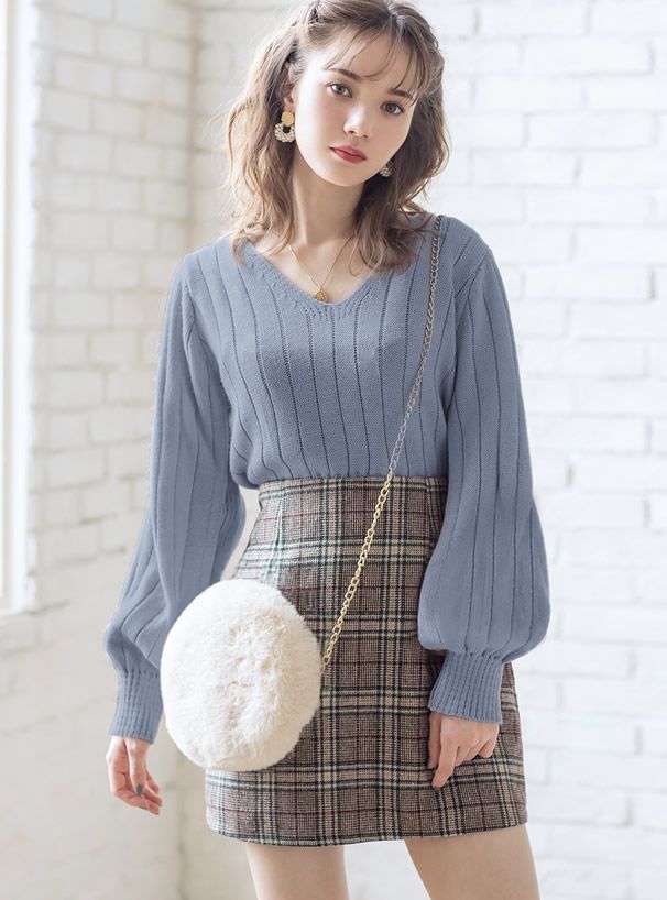 日本 GRL - 前後V領收腰坑羅紋針織上衣-米