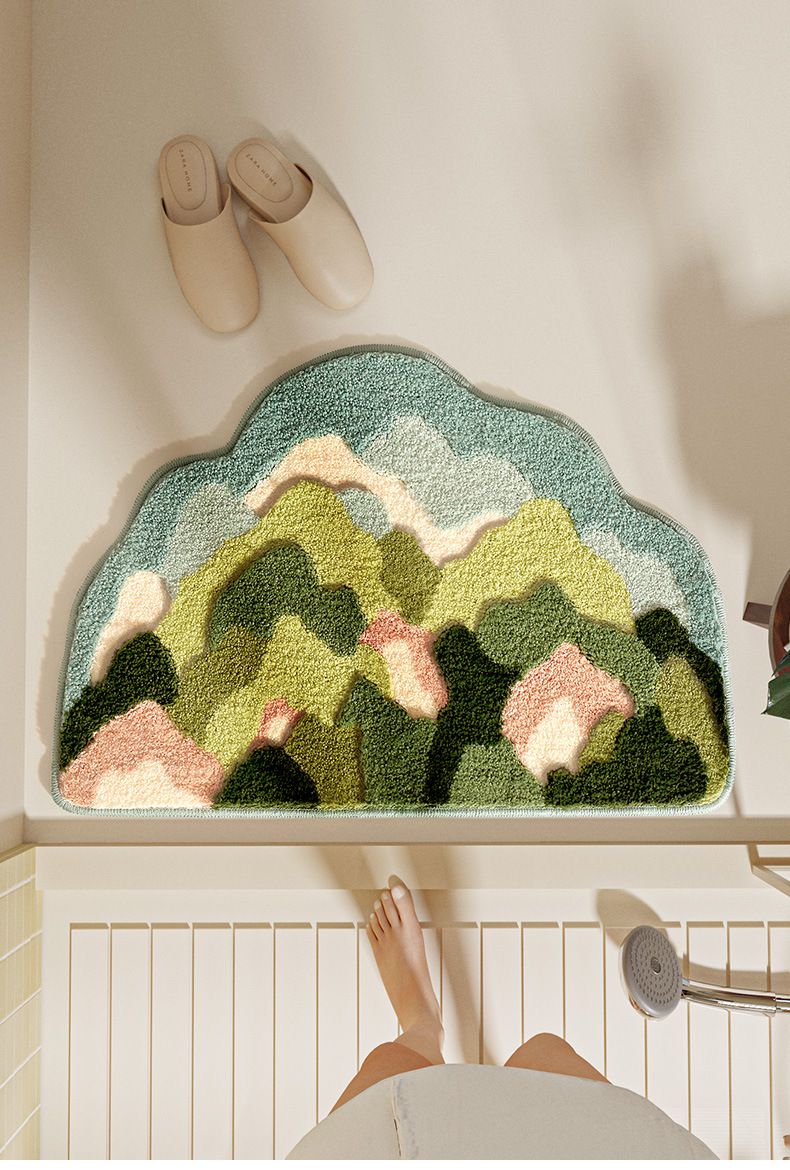造型快速吸水植絨浴室腳踏墊-立體繽紛花花-綠色 (45x70cm)