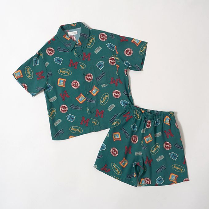 日本 b-ROOM - 滿版時髦印花休閒襯衫-衝浪-炭黑