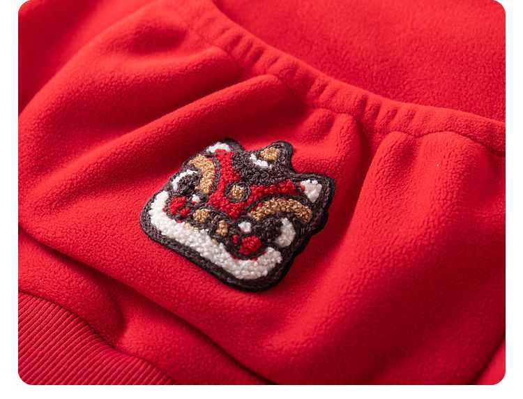 加絨喜氣洋洋半高領長袖上衣-年獸小口袋-紅色