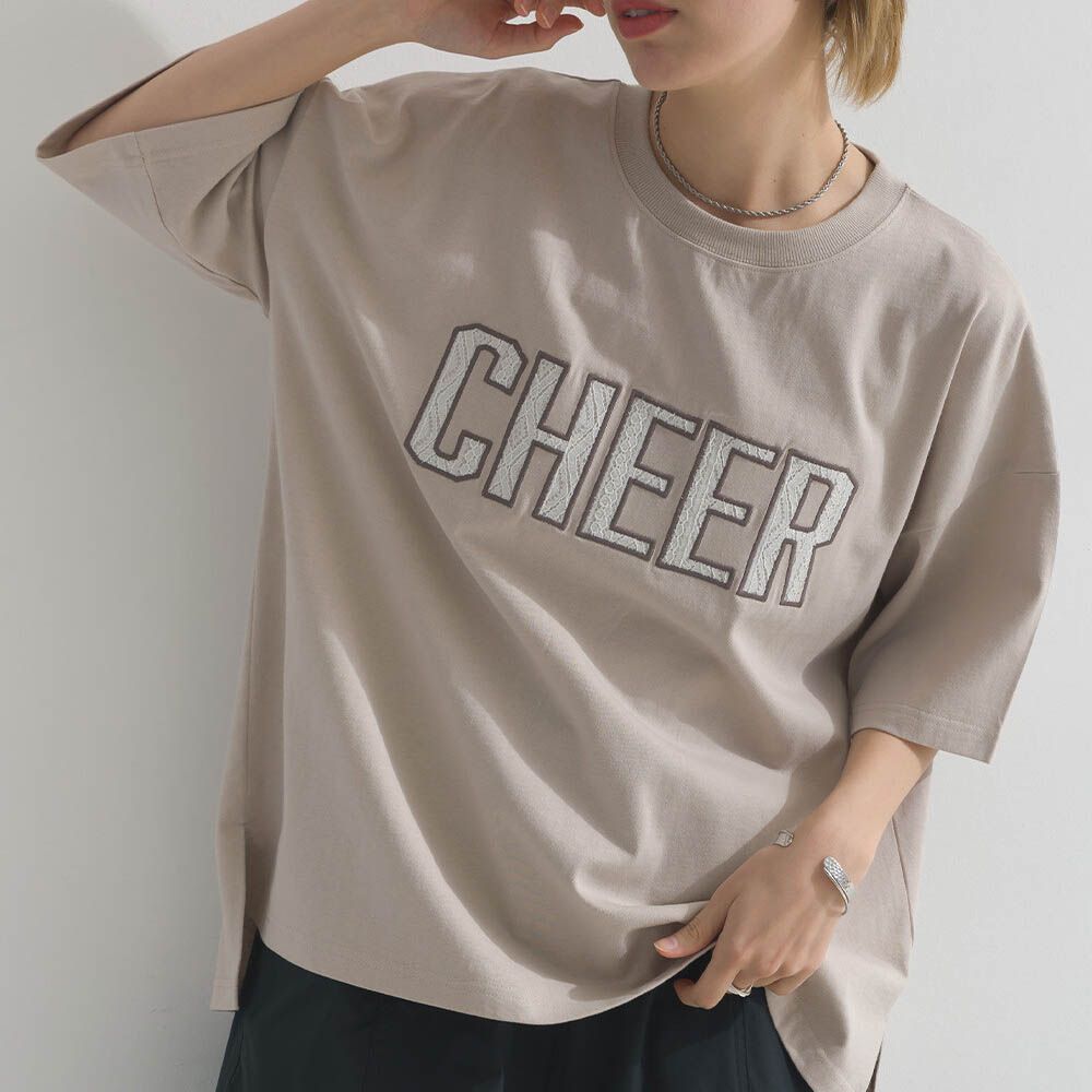 天竺棉蕾絲CHEER落肩短袖上衣-灰棕