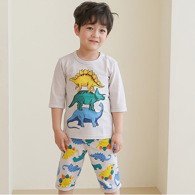 正韓 Puco - 超優質嬰幼兒/兒童七分袖100% 有機純棉家居服/睡衣-恐龍疊疊樂