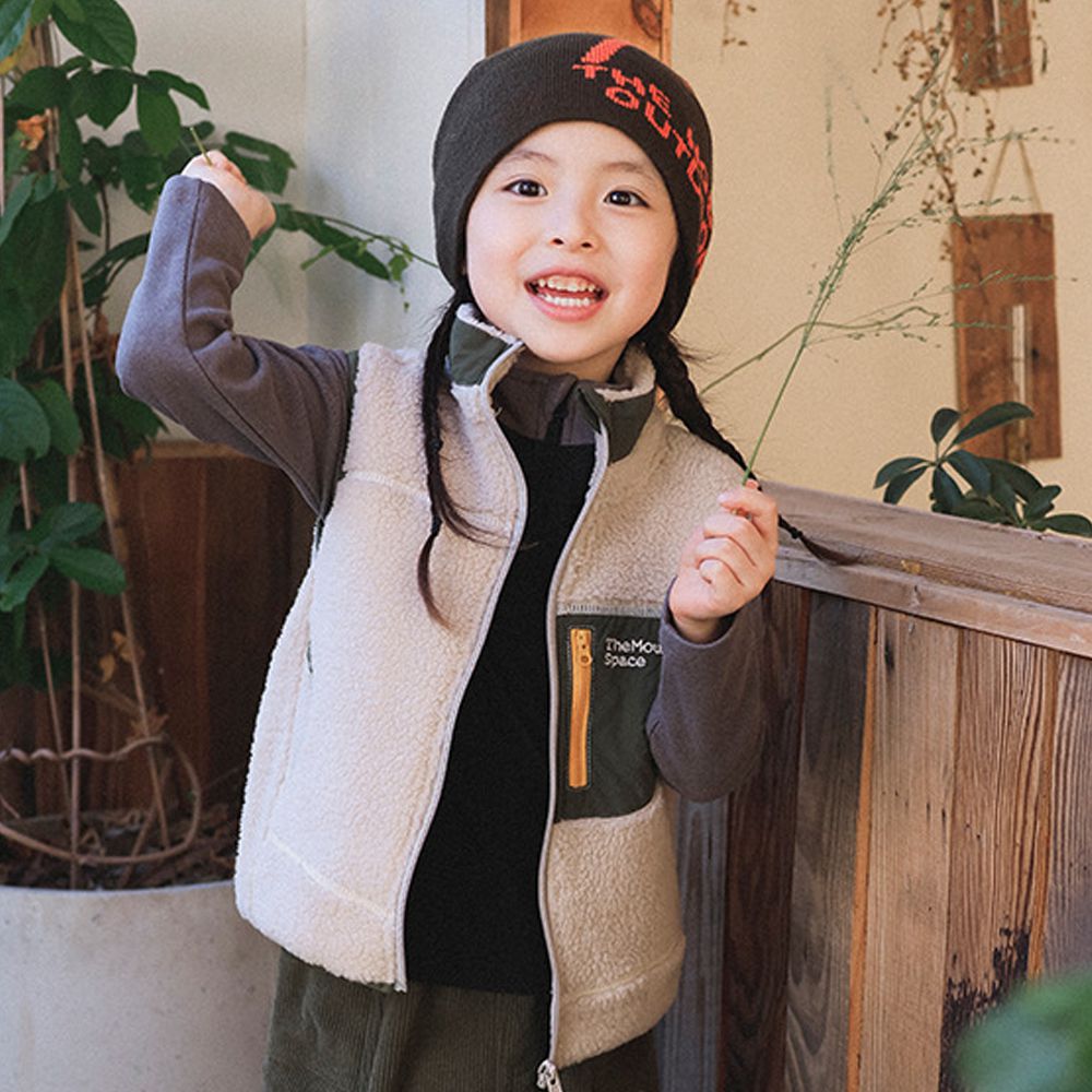 羊羔絨感拼色小立領背心-杏色