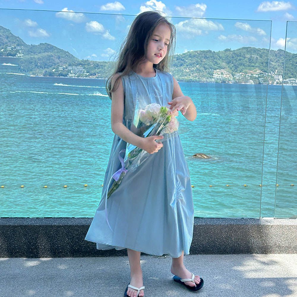 純棉簡約收摺設計無袖洋裝-藍色