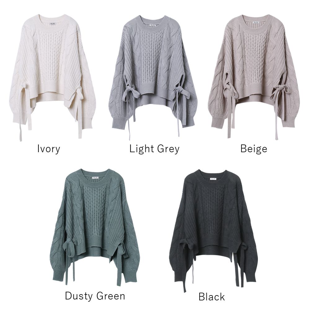 日本 Rejoule - 短版側蝴蝶結綁帶編織紋針織毛衣-黑 (M(Free size))