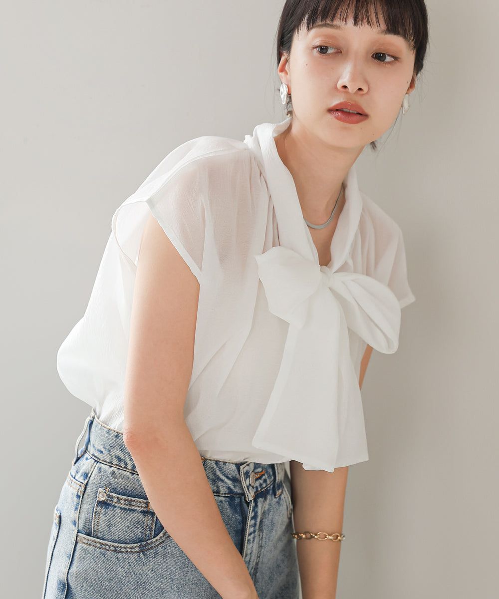 日本 Bab - 歐根紗紐結法式袖上衣-白