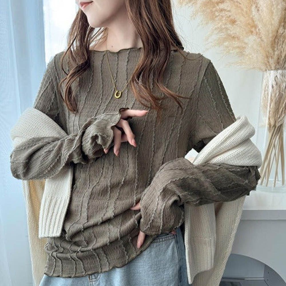 奢華羽毛感緹花長袖上衣-茶褐