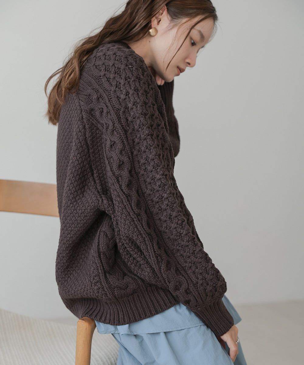 日本 Bab - 麻花編織大寬袖針織上衣-炭灰