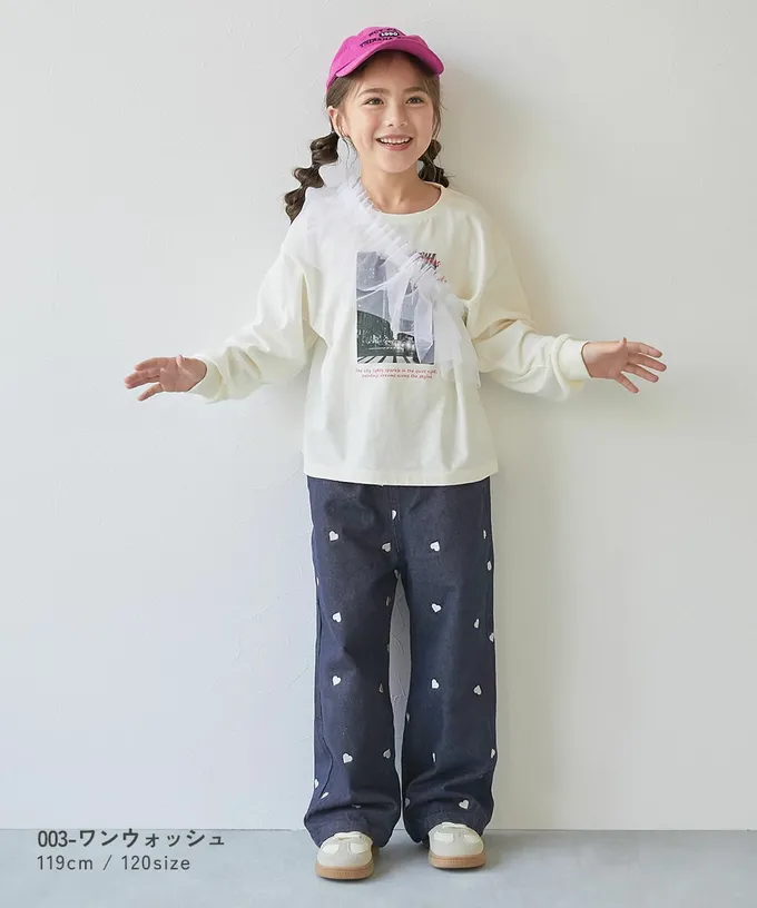 日本 devirock - 甜美亮麗刺繡刷色丹寧寬褲-愛心-淺藍