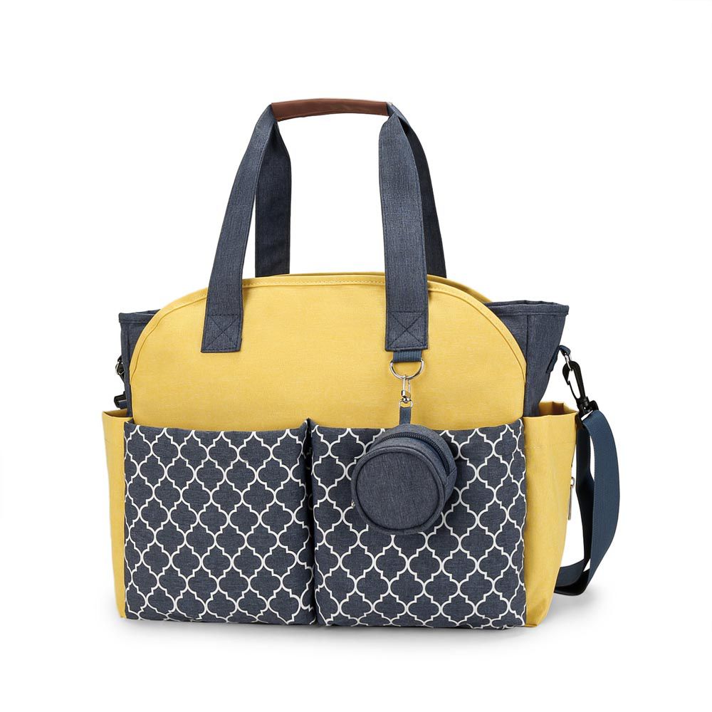 大容量手提包/媽媽包(附奶嘴收納包)-幾何款-深藍+黃 (40x29x13cm)