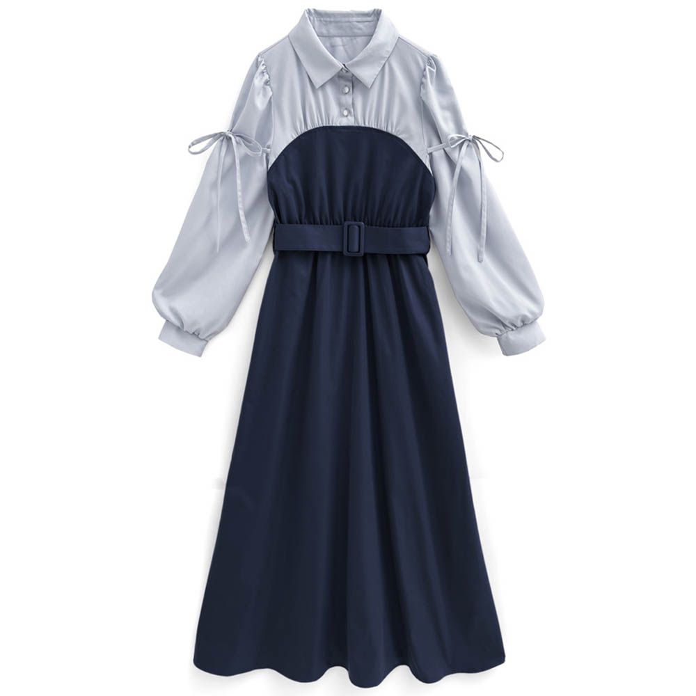 典雅拼接風側蝴蝶結長袖洋裝-(附腰帶)-海軍藍