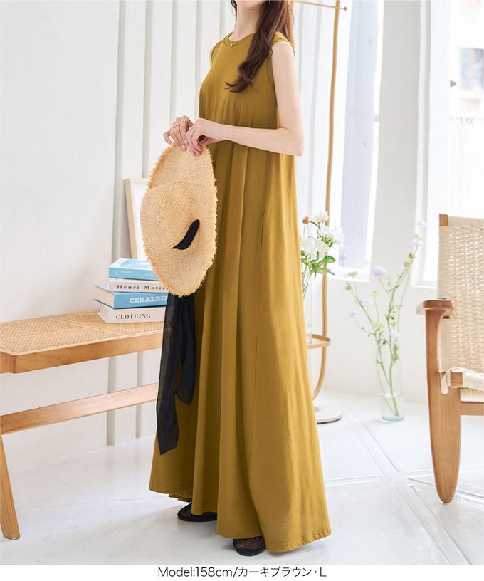 日本 Kobe Lettuce - 抗透汗 優雅A字無袖洋裝(附bra)-深軍綠